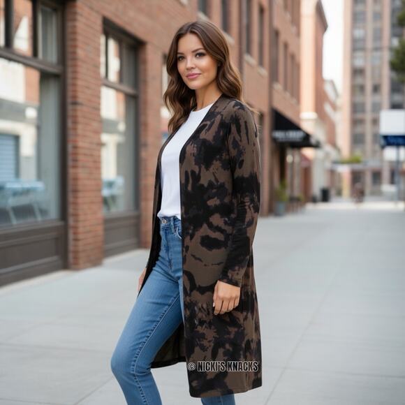 Peyton Jensen Camo Duster Cardigan Evereve Green Open Front Knit Sweater Size M - Picture 1 of 9